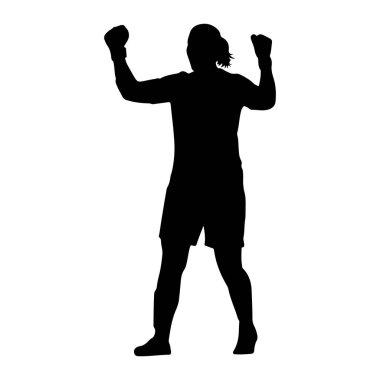 Siyah bir siluet kollarını kaldırmış, yumruklarını sıkmış ve kutlama pozunda duruyor. Bu figür şort ve geri çekilen bir tişört giyiyor gibi görünüyor. Siluet beyaz bir arkaplan üzerinde izole edilir, o hissi taşır