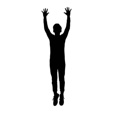 Siyah bir insan silueti kolları yukarı ve elleri açık bir şekilde havada yakalanır. Şekil zıplıyor ya da sıçrıyor gibi görünüyor, bacakları bükük ve hafifçe ayrık, ayakları ayakkabı giymiş. Siluet bir ovaya karşı izole edilmiş.