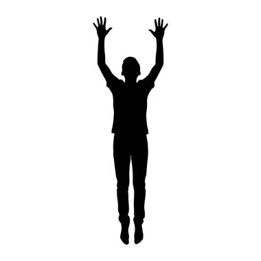 Bir kişinin siyah silueti havada tasvir edilir ve iki kolu tamamen yukarı doğru uzanır. Bu figür bir tişört ve pantolon giyiyor. Arka plan bembeyaz, silueti izole ediyor ve dinamik duruşunu vurguluyor..