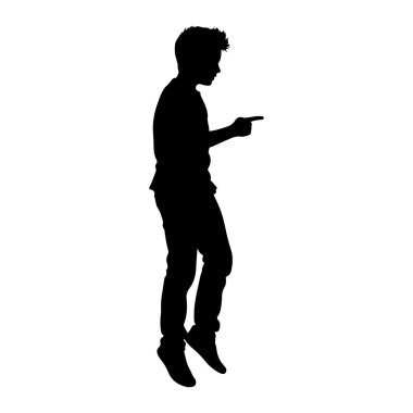 Siyah bir çocuk silueti profilde duruyor, sola bakıyor. O, bir tişört ve kot da dahil olmak üzere günlük kıyafetler giyiyor. Sağ kolu öne doğru uzanıyor ve işaret parmağı da sola doğru. Kafası aşağıya doğru eğilmiş, ve gazı...