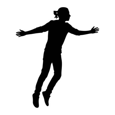 Siyah bir insan silueti havada yakalanır ve kolları yanlara doğru açılır. Şekil zıplıyor ya da hareket halinde, bir bacağı bükülmüş ve diğeri uzatılmış gibi görünüyor. Siluet, beyaz bir arkaplanda izole edilmiş.
