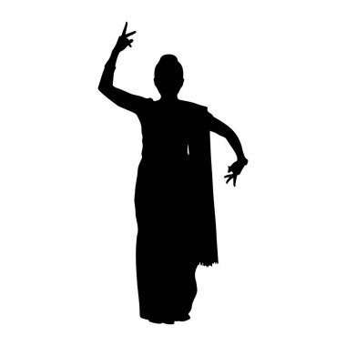 Sari giymiş siyah bir kadın silueti dansın ortasında yakalandı. Kolları zarif bir şekilde kaldırılmış ve bükülmüş, parmakları belirgin bir jest oluşturuyor. Etrafındaki sari kumaşları, düz beyaz bir arka Grou 'ya karşı akan bir siluet oluşturuyor.