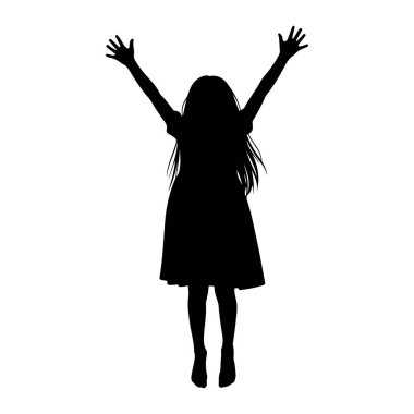 Uzun saçlı siyah bir kız silueti kollarını başının üstüne kaldırmış duruyor. O bir elbise giyiyor ve bacakları bir arada. Arkaplan düz beyaz.