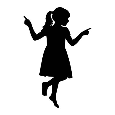 Saçları at kuyruğu olan genç bir kızın siyah silueti beyaz arka planda tasvir edilir. O bir elbise giyiyor ve dinamik bir pozda, bir bacağı bükük ve diğeri uzatılmış. Kolları havada ve her iki işaret parmağıyla işaret ediyor.