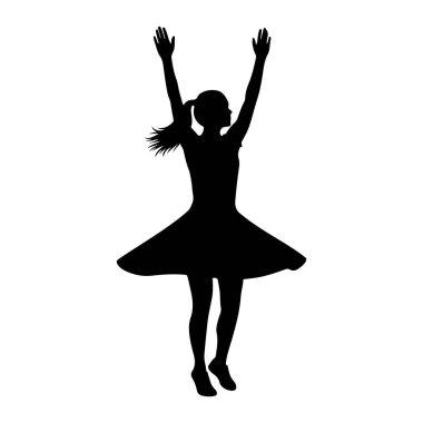 Kollarını havaya kaldırmış genç bir kızın siyah silueti. Alevli bir elbise giyiyor ve saçları at kuyruğu şeklinde hareket ediyor gibi görünüyor. Bacakları hafifçe bükülmüş, sanki zıplama ya da dans pozu veriyor gibi. Arkaplan lütfen.