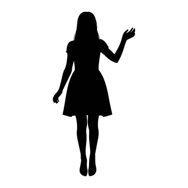 Kolları açık duran genç bir kadının siyah silueti. Kısa, parlak bir elbise giyiyor ve saçları uzun ve dalgalı. Arkaplan düz beyaz.