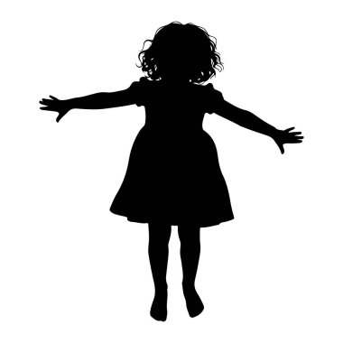 Kıvırcık saçlı siyah bir kız silueti kolları açık duruyor. O bir elbise giyiyor ve bacakları hafifçe ayrık. Siluet beyaz bir arkaplanda izole edilmiş..