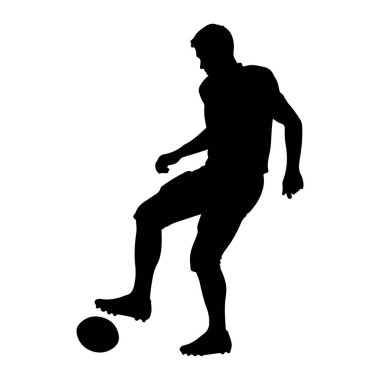 Futbol oynayan bir adamın siyah silueti beyaz bir arkaplanda tasvir edilir. Profilde adamın sağ ayağı futbol topuna vurmaya hazırlanıyor. O, atletik şort ve ayaklarında kramponlar olan bir tişört giyiyor. Poz gösteriyor ki... 