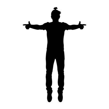 Siyah bir siluet, kollarını yana açıp işaret parmaklarıyla işaret eden bir adam. O bir tişört, kot pantolon ve ayakkabı giyiyor, ve saçı başının üstünde bir topuz şeklinde. Arkaplan düz beyaz.