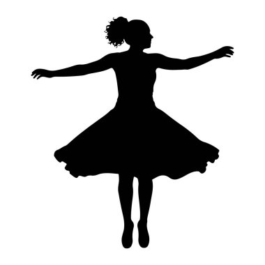 Akan bir elbise giymiş siyah bir kadın silueti beyaz bir arkaplanda kıvrılıp duruyor. Kolları açık, ve saçları at kuyruğu şeklinde taranmış. Elbisesi etrafında parlıyor, dinamik hareket ve zarafeti gösteriyor..