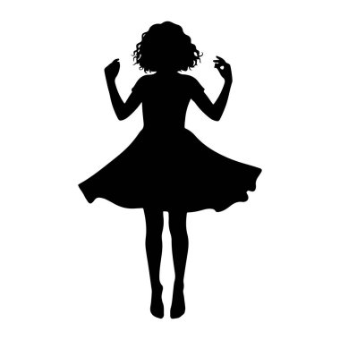 Genç bir kızın siyah silueti beyaz bir arkaplanda tasvir edilir. Kıvırcık saçları var ve kısa kollu bir elbise giyiyor. Harekete geçmiş gibi görünen bir eteği var. Bu da dans ettiğini ya da dans ettiğini gösteriyor. Kollarını kaldırdı.