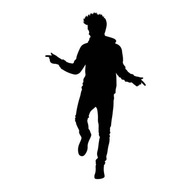 Beyaz arka planda siyah bir adam silueti tasvir edilir. Kapüşonlu sweatshirt ve kot pantolon giyiyor. Adam dinamik bir pozda, bir bacağı hafifçe havada ve kolları açık. Her iki işaret parmağıyla işaret ediyor.