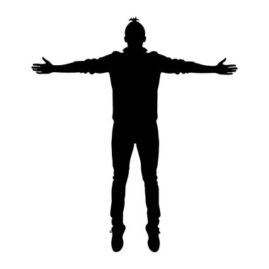 Siyah bir adam silueti kollarını yanlara doğru açmış duruyor. O, bir gömlek, kot pantolon ve ayakkabılar da dahil olmak üzere günlük giysiler giyiyor. Şekil, düz beyaz bir arkaplanda izole edilmiştir..