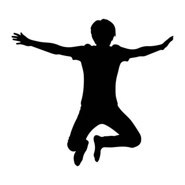 Siyah bir siluet, havada kolları açık atlayan bir insan. Bu figür, tişört ve pantolon da dahil olmak üzere günlük giysiler giyiyor. Siluet, dinamik duruşu ve hissini vurgulayan düz beyaz bir arkaplanda izole edilmiştir. 