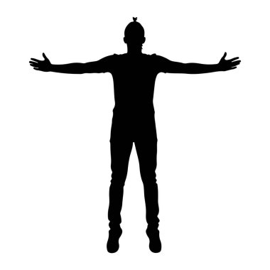 Siyah bir insan silueti kollarını yatay olarak uzatarak ayakta durur. Bu figür bir tişört ve kot pantolon giyiyor ve saçları topuz şeklinde bağlanmış. Siluet sade beyaz bir arkaplanda izole edilmiş..