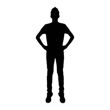 Siyah bir siluet, elleri kalçasında öne doğru uzanıyor. Bu figür bir tişört ve kot pantolon giyiyor. Siluet beyaz bir arkaplanda izole edilmiş..