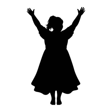 Siyah bir siluet kollarını başının üstüne kaldırmış duruyor. Şekil, altta parlayan bir elbise giyiyor ve saçları at kuyruğu şeklinde. Siluet, beyaz bir arkaplanda izole edilmiş.