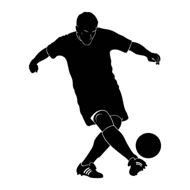 Hareket halindeki bir futbolcunun siyah silueti, tekmenin ortasında yakalandı. Oyuncu bir tişört, şort ve krampon giyiyor. Dizlikleri görünüyor. Top oyuncunun sağ ayağının önüne kondu, vurmaya hazır. Görüntü açık ve net.