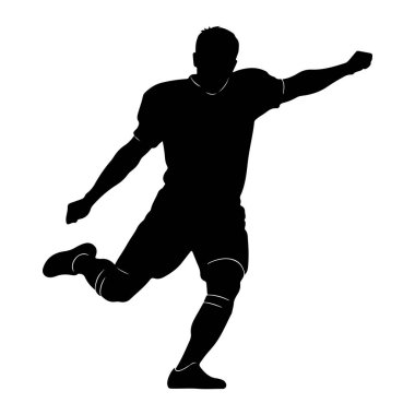 Tekme atarken yakalanan siyah bir futbolcu silueti. Oyuncu bir gömlek ve şorttan oluşan bir üniforma giyiyor, çoraplar ve ayakkabılar görünür. Duruş dinamiktir, bir bacağı ileri doğru uzanır ve görünmeyen bir topa vurur.