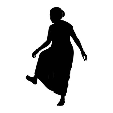 Geleneksel Hint kıyafetleri giymiş bir kadının siyah silueti dinamik bir dans pozuyla yakalanır. Saçları arkaya çekiliyor ve dalgalı bir elbise giyiyor. Bir bacağı havada kalkar ve hareketlerinin akıcılığını gösterir. Kolları uzamış.