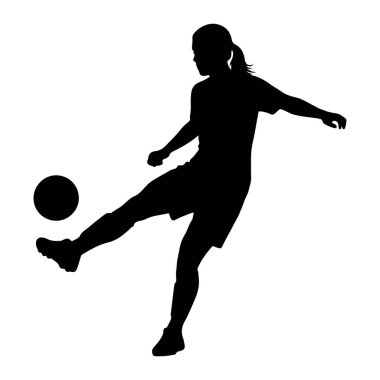 Bir futbol topunu tekmelerken siyah silueti olan atletik giysili bir kadın yakalanır. Vücudu açılı, bir bacağı topa vurmak için uzatılmış, diğer bacağı ise dengeyi sağlıyor. Saçları at kuyruğu şeklinde geri çekiliyor. Görüntü...