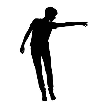 Genç bir insanın siyah bir silueti vücudu açılı ve bir kolu dışa doğru uzanmış olarak duruyor. Tişört ve kot pantolon giyiyorlar. Şekil beyaz bir arkaplanda izole edilmiştir..