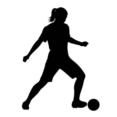 Bir futbol topunu tekmeleyen hareketli bir kadın futbolcunun siyah silueti. O bir tişört ve şort giyiyor, saçları at kuyruğu şeklinde bağlanmış. Bu figür dinamik bir pozla resmedilmiş, bu da sahada aktif bir oyun olduğunu gösteriyor..