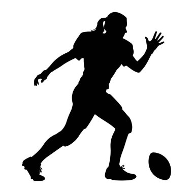 Futbol forması giymiş siyah bir siluet, ayağında bir futbol topuyla orta basamakta yakalanır. Şekil dinamik bir hareketle tasvir edilir, bir kolu ileri, diğeri geri hareket eder ve hız hissi verir.