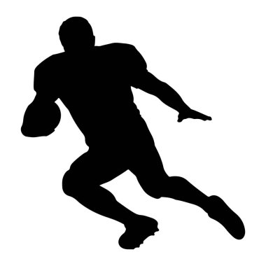 Kolunun altında bir futbol topuyla koşan bir Amerikan futbolcusunun siyah silueti. Oyuncu, bir bacağı öne, diğeriyse arkaya doğru eğilmiş şekilde orta basamaklı olarak tasvir edilir. Beyaz bir sırt grubuna karşı simsiyah bir figür.