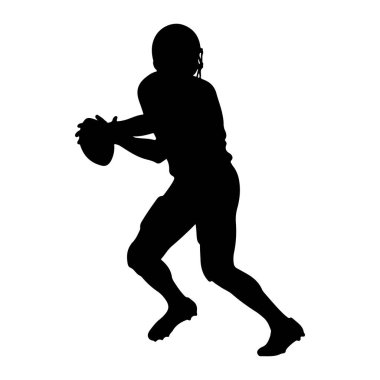 Bir Amerikan futbolcusunun siyah silueti, bir futbol topu tutuyor ve fırlatıyor gibi görünüyor. Oyuncu kask ve üniforma giyiyor, bacakları eğik, koşuyor ya da fırlatmaya hazırlanıyor. Arka plan beyaz, Da vurgulanıyor