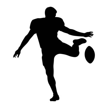 Bir Amerikan futbolcusunun top tekmeleyen siyah silueti. Oyuncu omuz vatkalı bir üniforma giyiyor ve topa vurmak için bir bacağını uzatarak dinamik bir poz veriyor. Arka plan saf beyaz, izole.