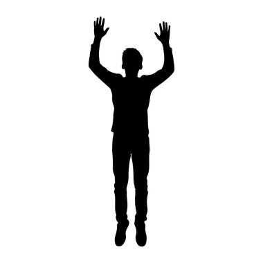 Kollarını başının üstüne kaldırmış siyah bir siluet. Formda, pantolon, gömlek ve ayakkabılar da dahil olmak üzere günlük kıyafetler giyiliyor. Arka plan bembeyaz..