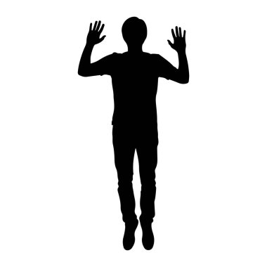 Ellerini havaya kaldırmış bir kişinin siyah silueti. Bu figür bir tişört ve pantolon giyiyor ve hareket halinde gibi görünüyor, muhtemelen zıplıyor ya da dans ediyor. Arka plan bembeyaz..