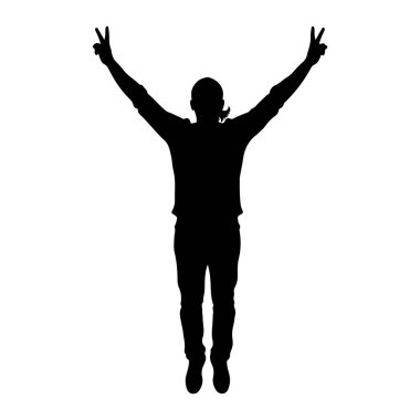 Bir kişinin siyah silueti havada yakalanır, atlıyor gibi görünür. Kolları başlarının üstüne kaldırılır ve iki el de barış ya da zafer işareti oluşturur. Bu kişi günlük giysiler giyiyor, gömlek ve pantolon da dahil, ve at kuyruğuna benziyor.