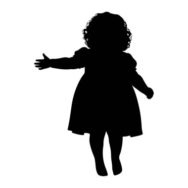 Kıvırcık saçlı siyah bir çocuğun silueti kollarını açmış duruyor. Çocuk kabarık kollu ve parlak etekli bir elbise giyiyor. Beyaz bir arkaplanda izole edilmiş olan figür, hareket veya davet anlamına geliyor.