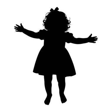 Kollarını açmış genç bir çocuğun siyah silueti. Çocuğun yay ile süslenmiş kıvırcık saçları var ve bir elbise giyiyor. Şekil beyaz bir arkaplanda izole edilmiştir..