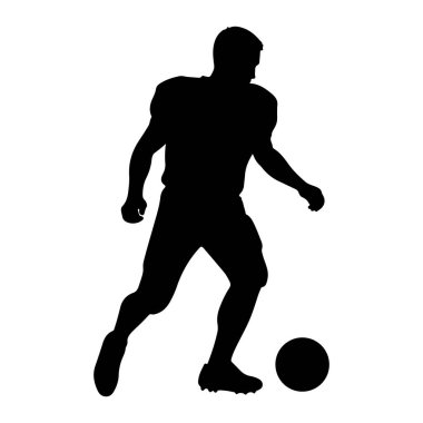 Bir futbol oyuncusunun silueti hareket halinde, top sürüyor. Oyuncu bir üniforma ve krampon giyiyor, vücudu sanki bir oyunun ortasındaymış gibi açılı. Arkaplan düz beyaz.