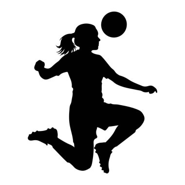 Havada, at kuyruklu, siyah bir bayan futbolcunun silueti. O atletik şort ve kramponlar giyiyor ve vücudu başının üstündeki bir futbol topuna kafa atmak için konumlandırılmış. Arkaplan düz beyaz.