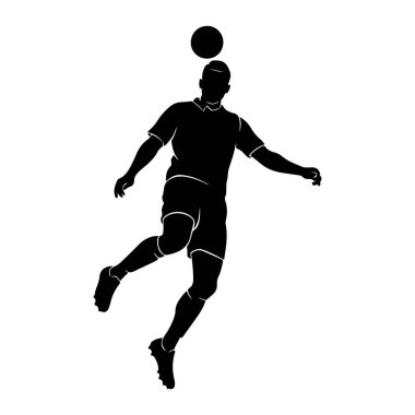 Bir futbol oyuncusunun silueti havada uçuşuyor, bir futbol topunun başına zıplıyor. Oyuncu ayaklarında kramponlar olan bir tişört ve şort giyiyor. Top tam olarak oyuncunun başının üstüne konumlandırıldı. Arkaplan düz beyaz.