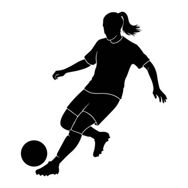 Bir futbol topunu tekmeleyen hareketli bir kadın futbolcunun siyah silueti. O bir tişört ve şort giyiyor, saçları at kuyruğu ile bağlanmış. Görüntü sporun basit, grafik bir temsilidir..