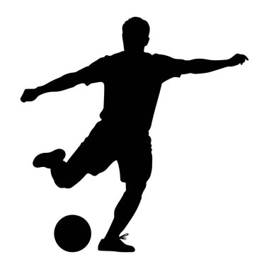 Bir futbol oyuncusunun siyah silueti, futbol topunu tekmeliyor. Oyuncu denge için kollarını açmış bir tişört ve şort giyiyor. Arka plan bembeyaz, sporcunun dinamik duruşunu vurguluyor..