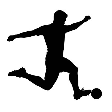 Bir futbol topunu tekmeleyen, hareket halindeki bir erkek futbolcunun siyah silueti. Oyuncu atletik giysiler ve kramponlar giyiyor. Görüntü beyaz bir arkaplanda izole edilmiş, hareketin hareketini ve dinamik duruşunu vurguluyor.