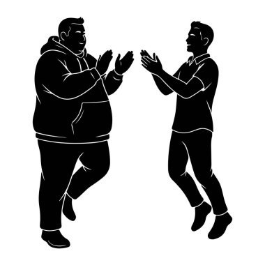 İki adamın yüz yüze olduğu siyah bir siluet. Elleri havada ve alkışlıyorlar. Soldaki adam daha büyük ve kapüşonlu bir sweatshirt giyiyor, sağdaki ise daha ince ve yakalı bir gömlek giyiyor. Her iki figür de profesörce resmedilmiş.