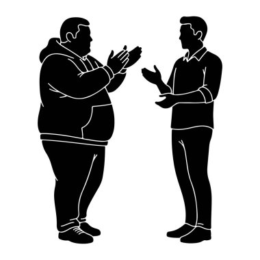 Ayakta duran ve ellerini çırpan iki adamın siyah silueti. Soldaki adam daha iri ve kapüşonlu bir sweatshirt giyiyor. Sağdaki adam daha zayıf ve yakalı bir gömlek giyiyor. Her iki figür de belden aşağısı beyaz ou ile betimlenmiş.