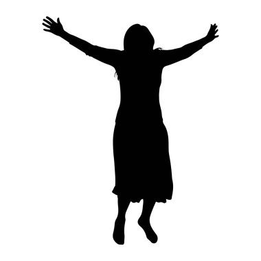 Kolları açık, bacakları hafifçe bükülmüş, zıplayan ya da dans eden siyah bir kadın silueti. O uzun bir elbise giyiyor ve uzun saçları var. Arkaplan düz beyaz.