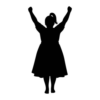 Siyahi bir kadın silueti kollarını zaferle kaldırmış duruyor. At kuyruğu var ve elbise giyiyor. Yumrukları sımsıkı kavrıyor ve vücut dili zafer ve kutlama hissi veriyor. Silüet beyaz bir sırtüstü izole edilmiş.