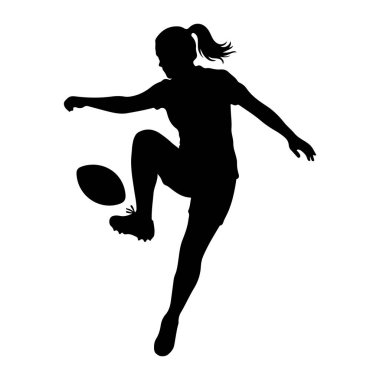 Atletik kıyafetli bir kadının siyah silueti, sağ ayağıyla topa vururken görüntüleniyor. Sol bacağı bükülmüş, topu yukarı doğru iterken onu destekliyor. Onun saçı hareketleriyle birlikte akan bir at kuyruğu şeklinde. İmaj