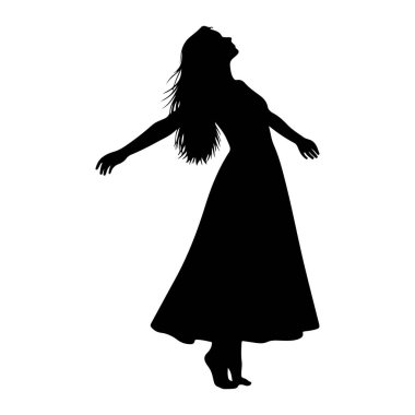 Uzun, dalgalı elbiseli bir kadının siyah silueti dansın ortasında yakalandı. Kafası arkaya doğru eğik, saçı arkasından akıyor, ve kolları açık, özgürlük ve zarafet hissi yayıyor. Şekil, düz beyaz bir arka plana karşı izole edilmiştir.