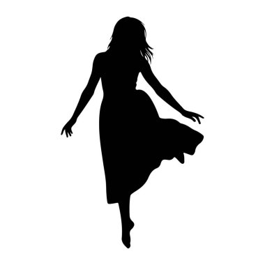 Uzun, dalgalı elbiseli bir kadının siyah silueti dansın ortasında yakalandı. Kolları açık ve vücudu hareket ediyormuş gibi açılı. Elbise bacaklarının etrafında dalgalanarak hareket ve zarafeti gösteriyor. Arkaplan sade beyaz, izole.
