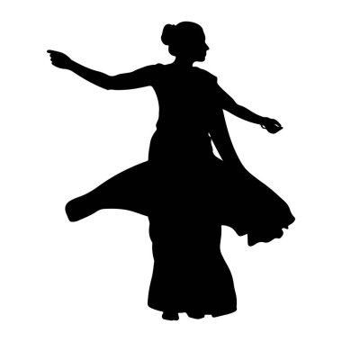 Profilde siyah bir kadın silueti, dansın ortasında yakalandı. Bacaklarını saran uzun, dalgalı bir elbise giyiyor. Hareketi ve zarafeti işaret ediyor. Kolları açık, biri öne bakıyor, diğeri yana doğru uzanıyor. Saçları...